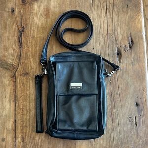 Perlina Black Leather Messenger Crossbody Purse